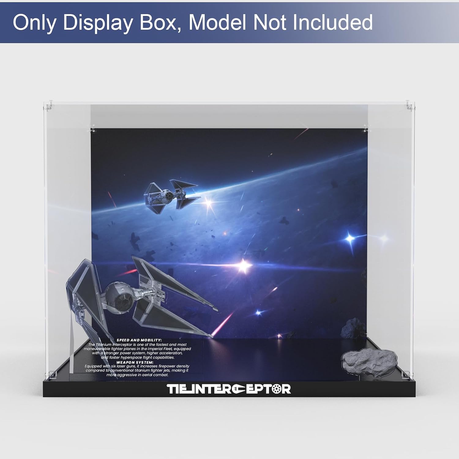 Acrylic Display Case for Lego Star Wars TIE Interceptor 75382 Building Set Clear Acrylic Plate with Base & Painted Background