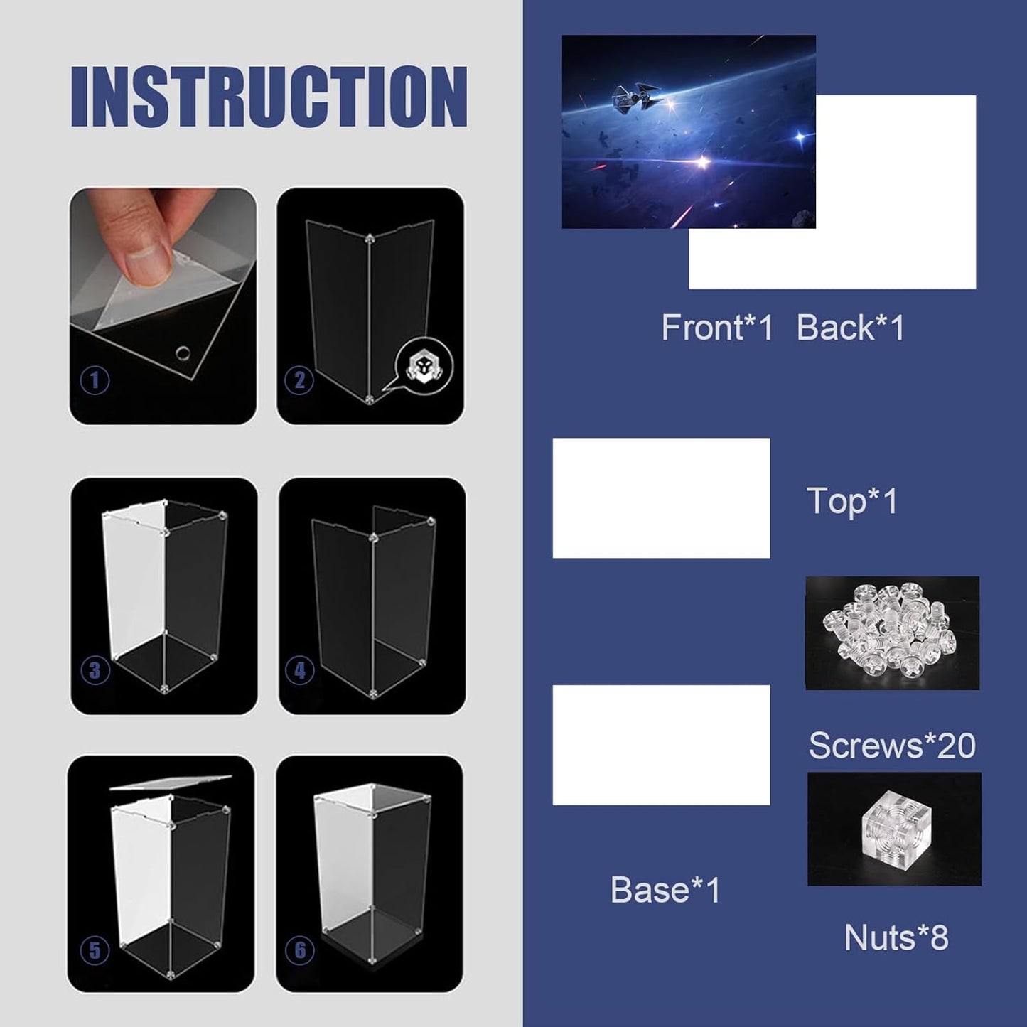 Acrylic Display Case for Lego Star Wars TIE Interceptor 75382 Building Set Clear Acrylic Plate with Base & Painted Background