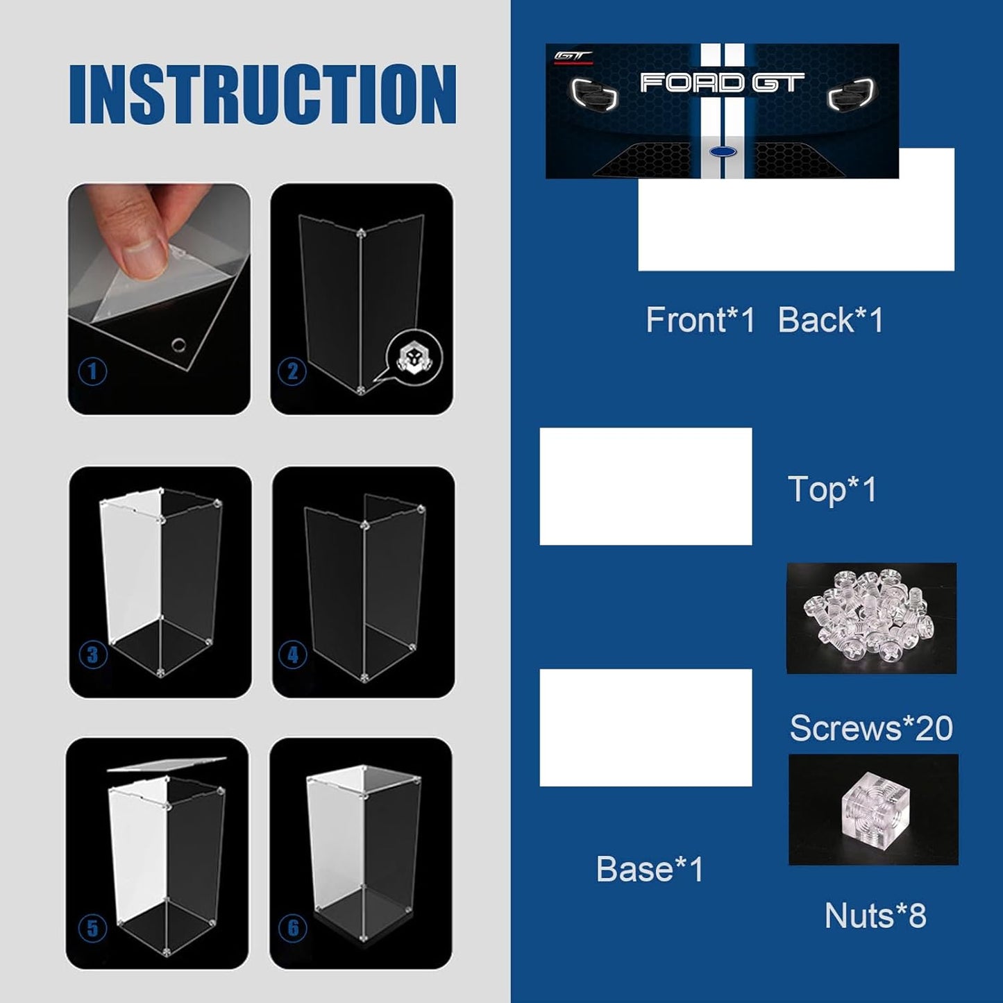 Acrylic Display Case for LEGO Technic 2022 Ford GT 42154 Car Model Kit, Clear Acrylic Plate with Base & Painted Background