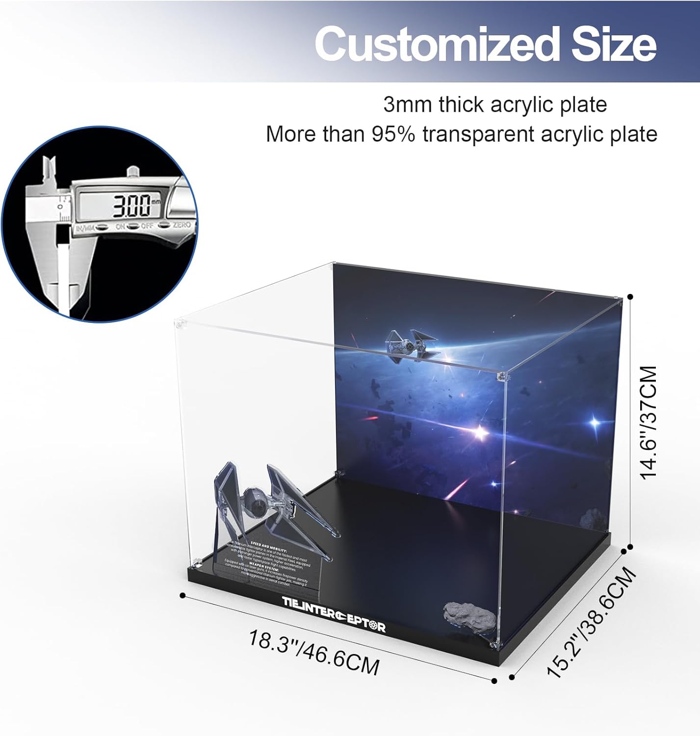 Acrylic Display Case for Lego Star Wars TIE Interceptor 75382 Building Set Clear Acrylic Plate with Base & Painted Background