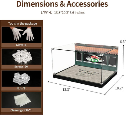 Acrylic Display Case for LEGO Ideas 21319 Central Perk, Customized Decorative Box for The Friends Block Model, Clear Acrylic Plate with Base & HD Painted Background