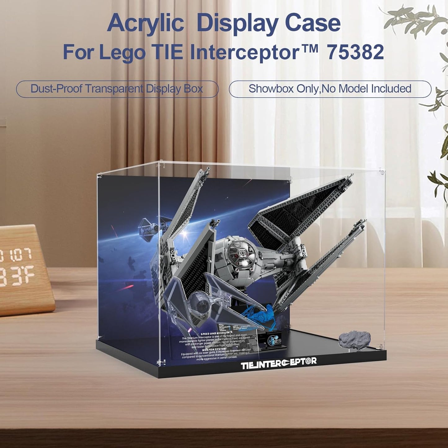 Acrylic Display Case for Lego Star Wars TIE Interceptor 75382 Building Set Clear Acrylic Plate with Base & Painted Background