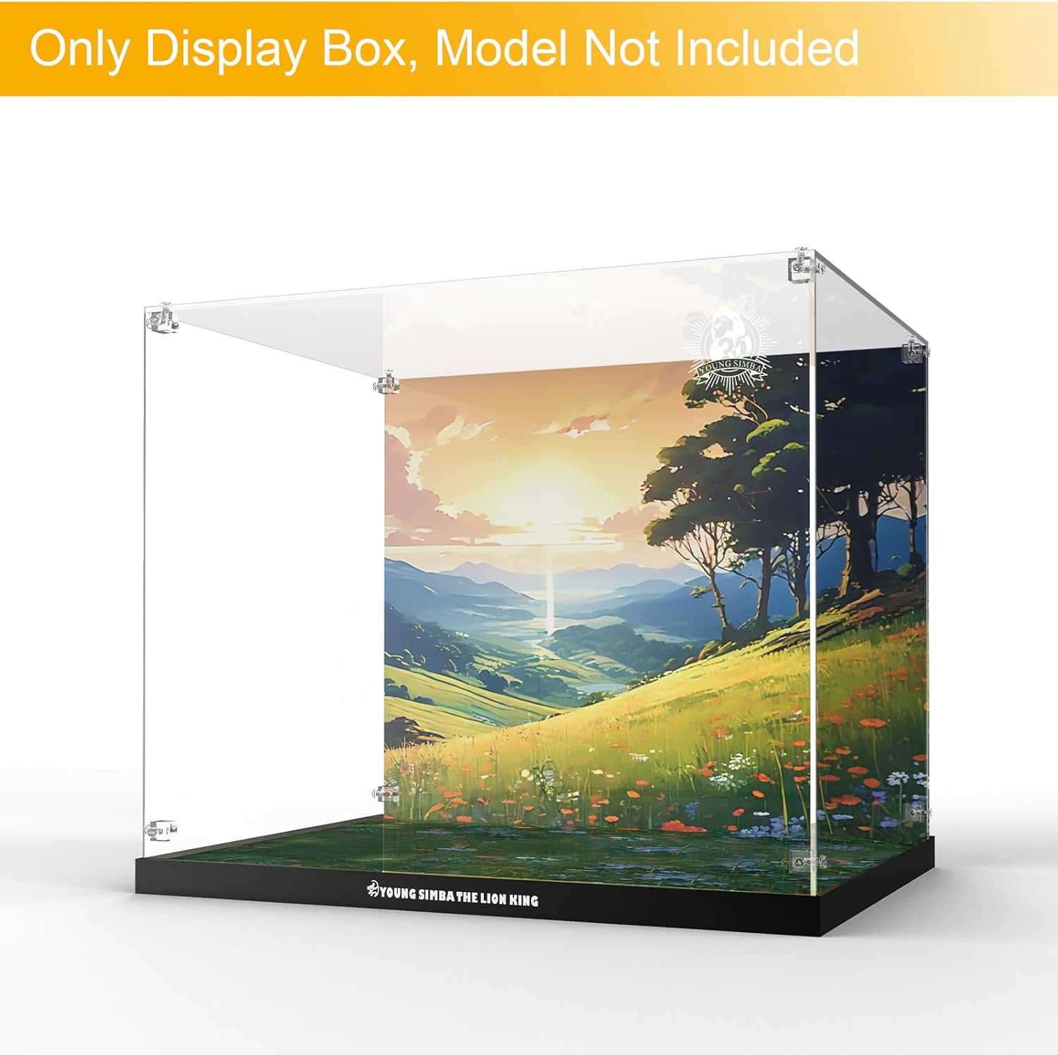 Nookbricks Acrylic Display Case for Lego Young Simba The Lion King, Dustproof Display Box compatible with Lego 43247Clear Acrylic Plate with Base & HD Painted Background