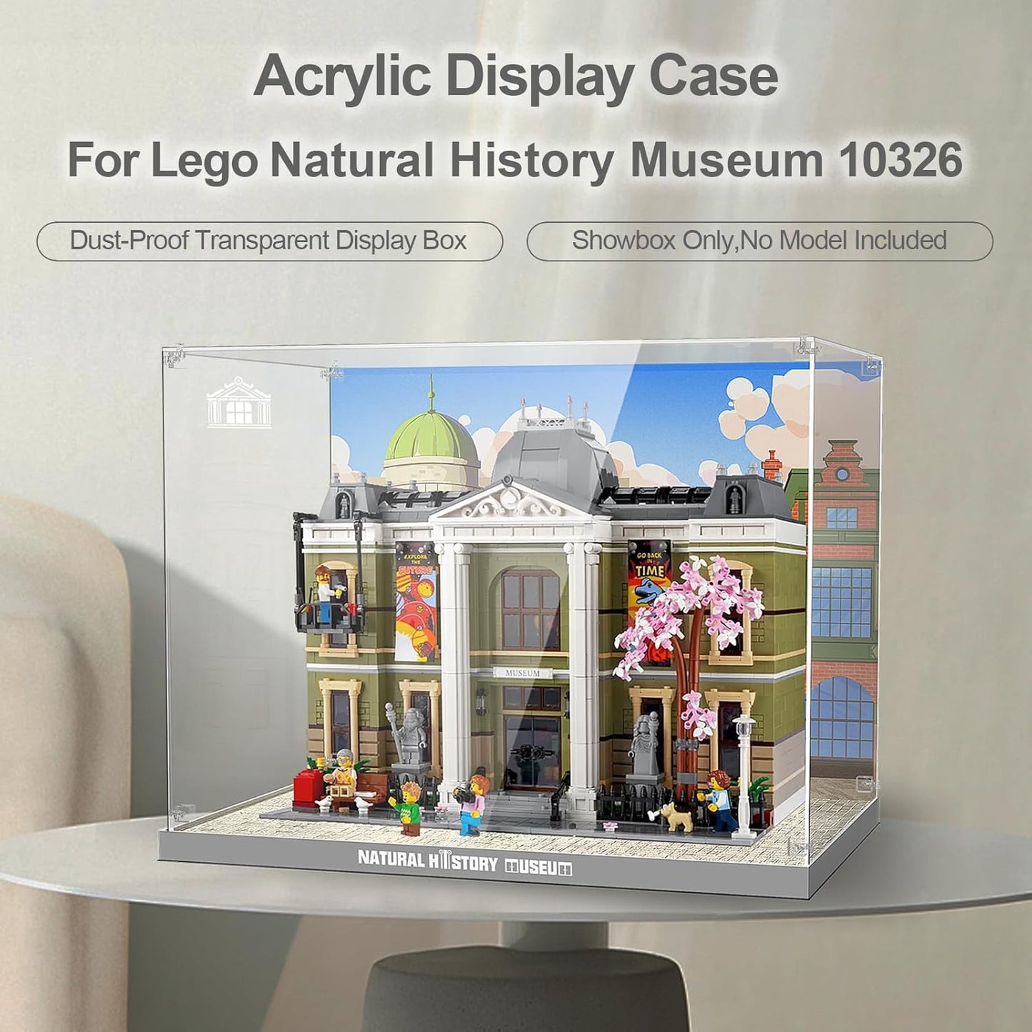 Nookbricks Acrylic Display Case for Lego Natural History Museum 10326 Building Set, Dustproof Display Box, Clear Acrylic Plate with Base & HD Painted Background