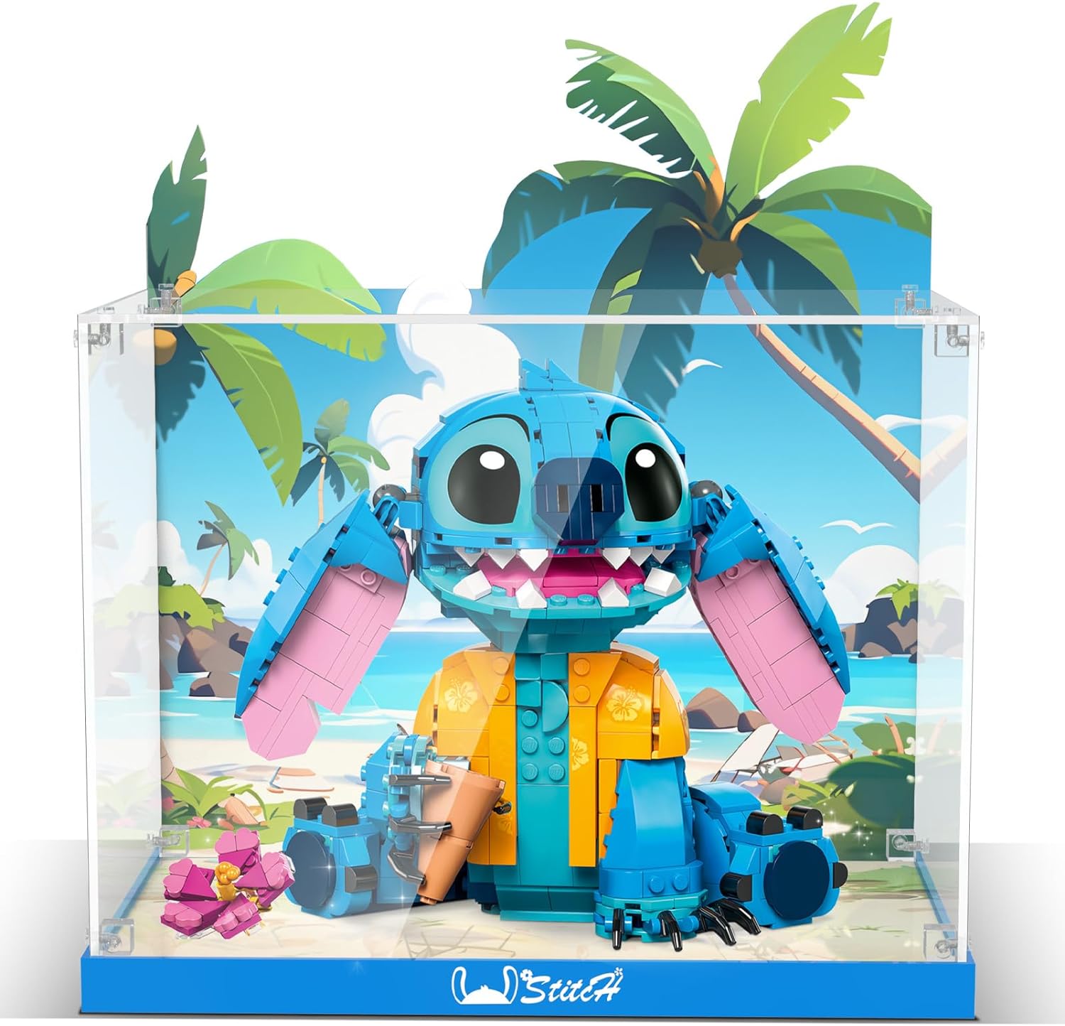 Nookbricks Acrylic Display Case for Lego Disney Stitch Toy Building Kit - Display Box Compatible with Lego 43249, Clear Acrylic Plate with Base & HD Painted Background