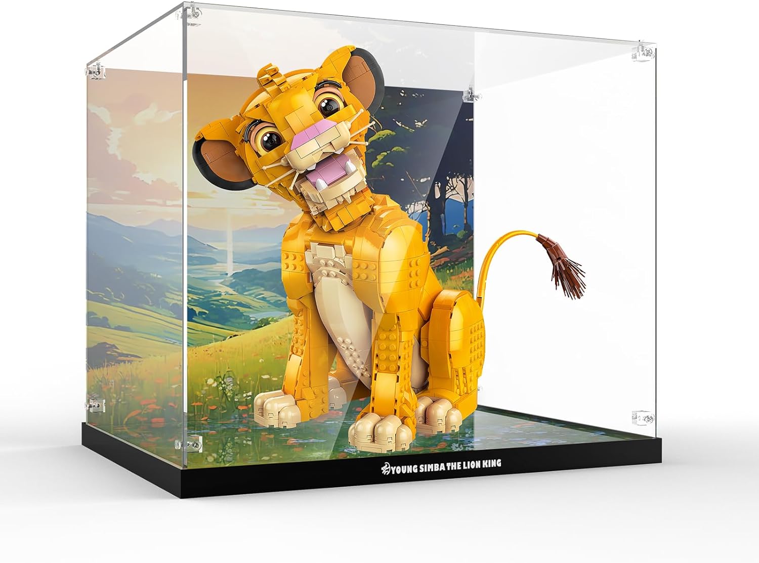 Nookbricks Acrylic Display Case for Lego Young Simba The Lion King, Dustproof Display Box compatible with Lego 43247Clear Acrylic Plate with Base & HD Painted Background