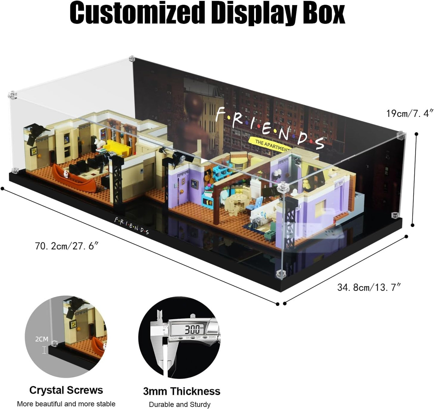 Acrylic Display Case for LEGO Ideas 21319 Central Perk, Customized Decorative Box for The Friends Block Model, Clear Acrylic Plate with Base & HD Painted Background