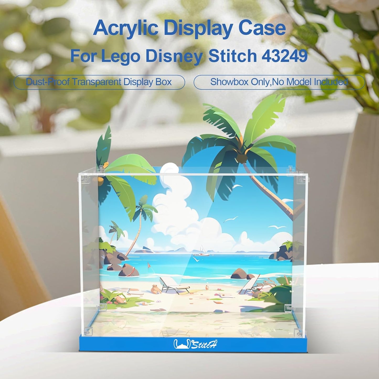 Nookbricks Acrylic Display Case for Lego Disney Stitch Toy Building Kit - Display Box Compatible with Lego 43249, Clear Acrylic Plate with Base & HD Painted Background