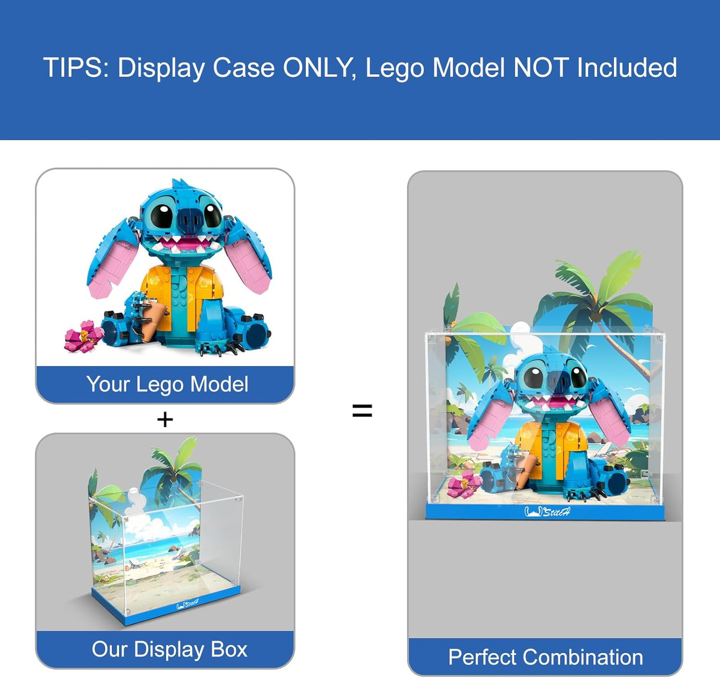 Nookbricks Acrylic Display Case for Lego Disney Stitch Toy Building Kit - Display Box Compatible with Lego 43249, Clear Acrylic Plate with Base & HD Painted Background