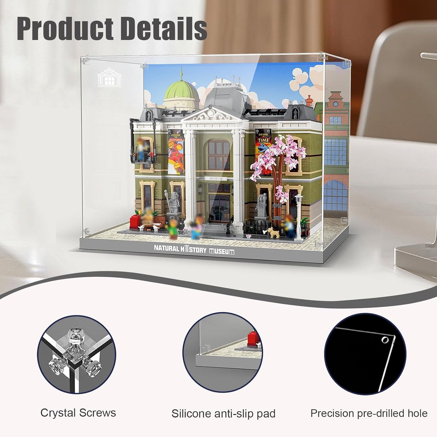 Nookbricks Acrylic Display Case for Lego Natural History Museum 10326 Building Set, Dustproof Display Box, Clear Acrylic Plate with Base & HD Painted Background