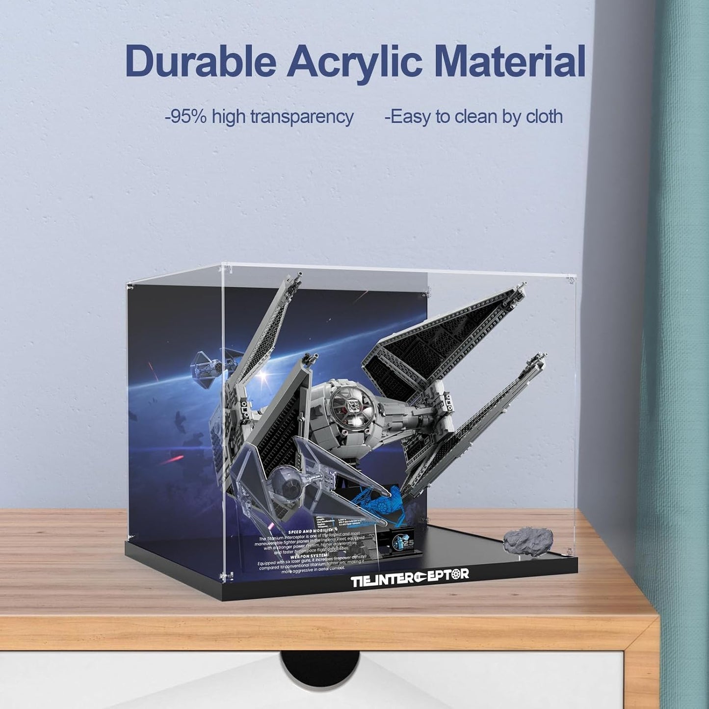Acrylic Display Case for Lego Star Wars TIE Interceptor 75382 Building Set Clear Acrylic Plate with Base & Painted Background