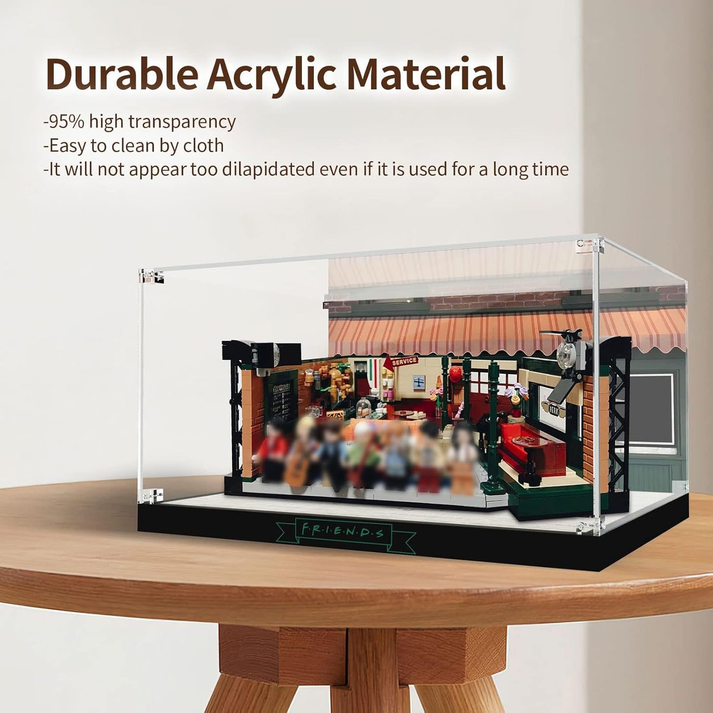 Acrylic Display Case for LEGO Ideas 21319 Central Perk, Customized Decorative Box for The Friends Block Model, Clear Acrylic Plate with Base & HD Painted Background