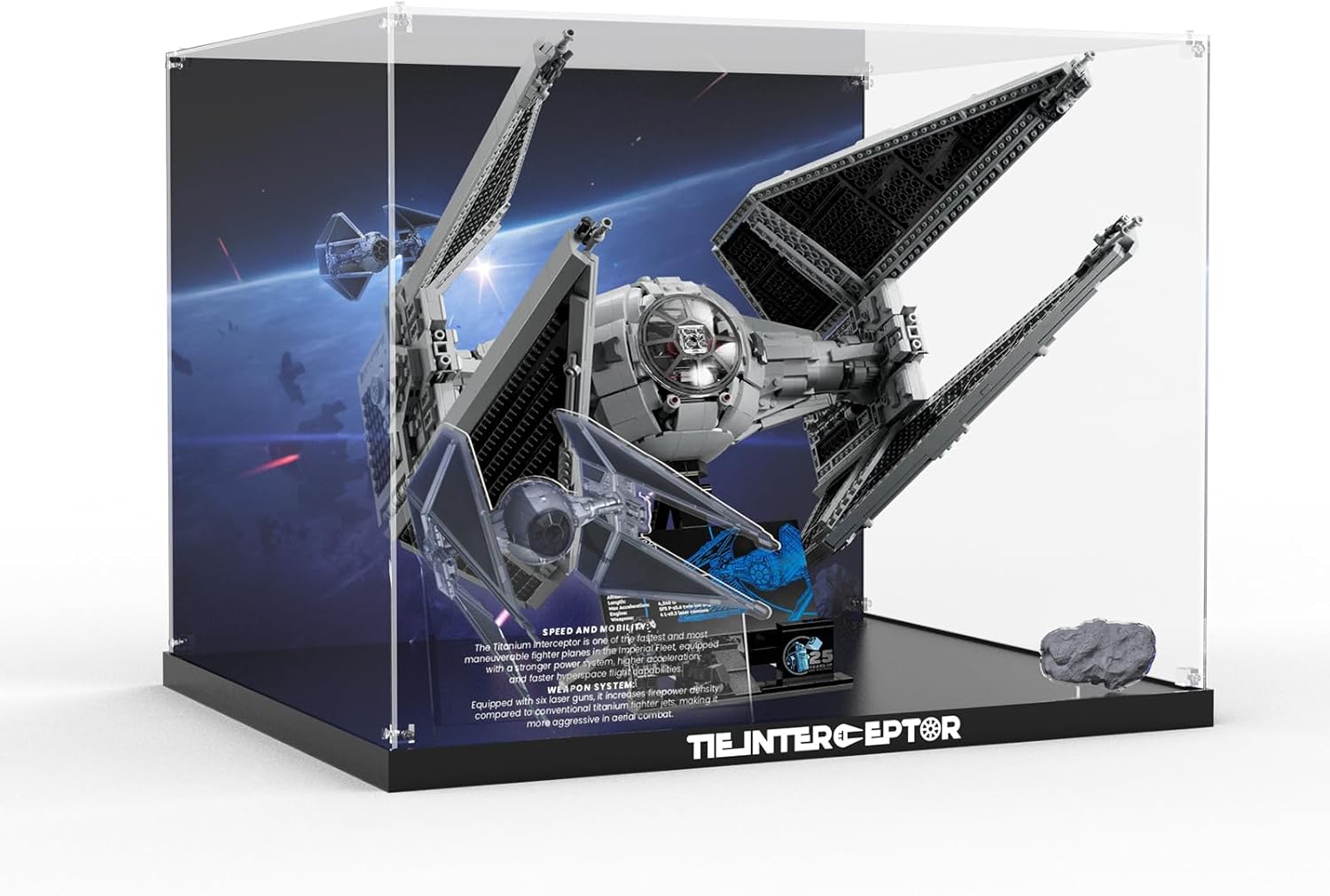 Acrylic Display Case for Lego Star Wars TIE Interceptor 75382 Building Set Clear Acrylic Plate with Base & Painted Background