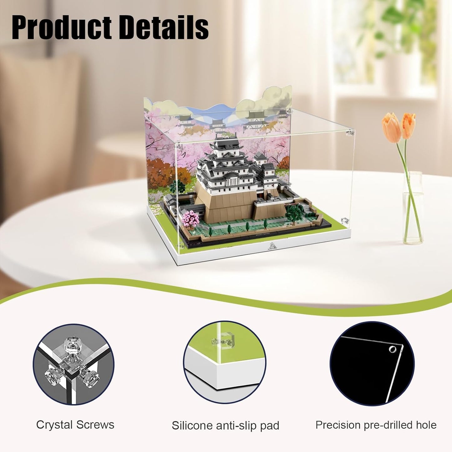 Nookbricks Acrylic Display Case for Lego Architecture Landmarks Collection: Himeji Castle 21060 Building Set, Customized Decorative Box & HD Painted Background