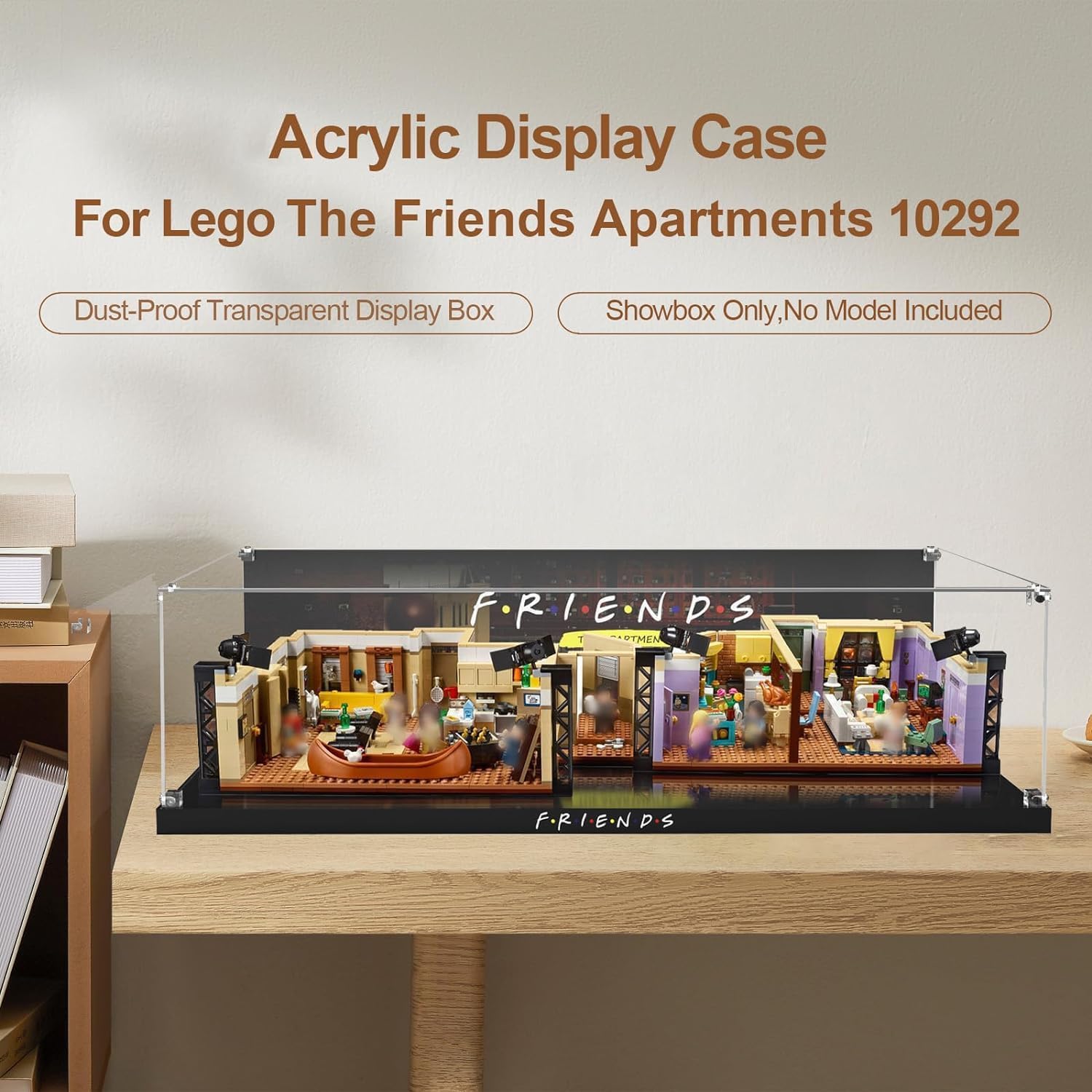 Acrylic Display Case for LEGO Ideas 21319 Central Perk, Customized Decorative Box for The Friends Block Model, Clear Acrylic Plate with Base & HD Painted Background