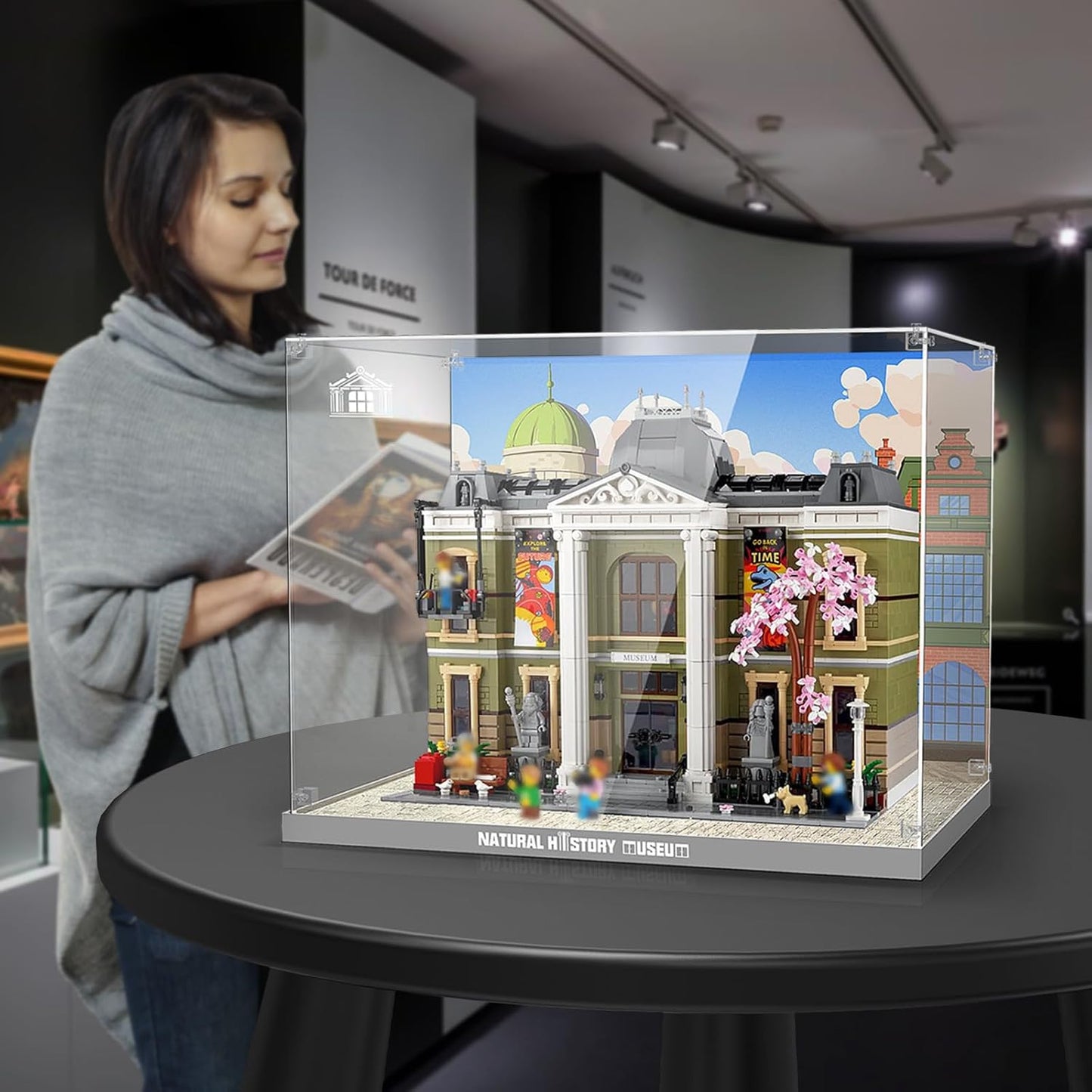 Nookbricks Acrylic Display Case for Lego Natural History Museum 10326 Building Set, Dustproof Display Box, Clear Acrylic Plate with Base & HD Painted Background