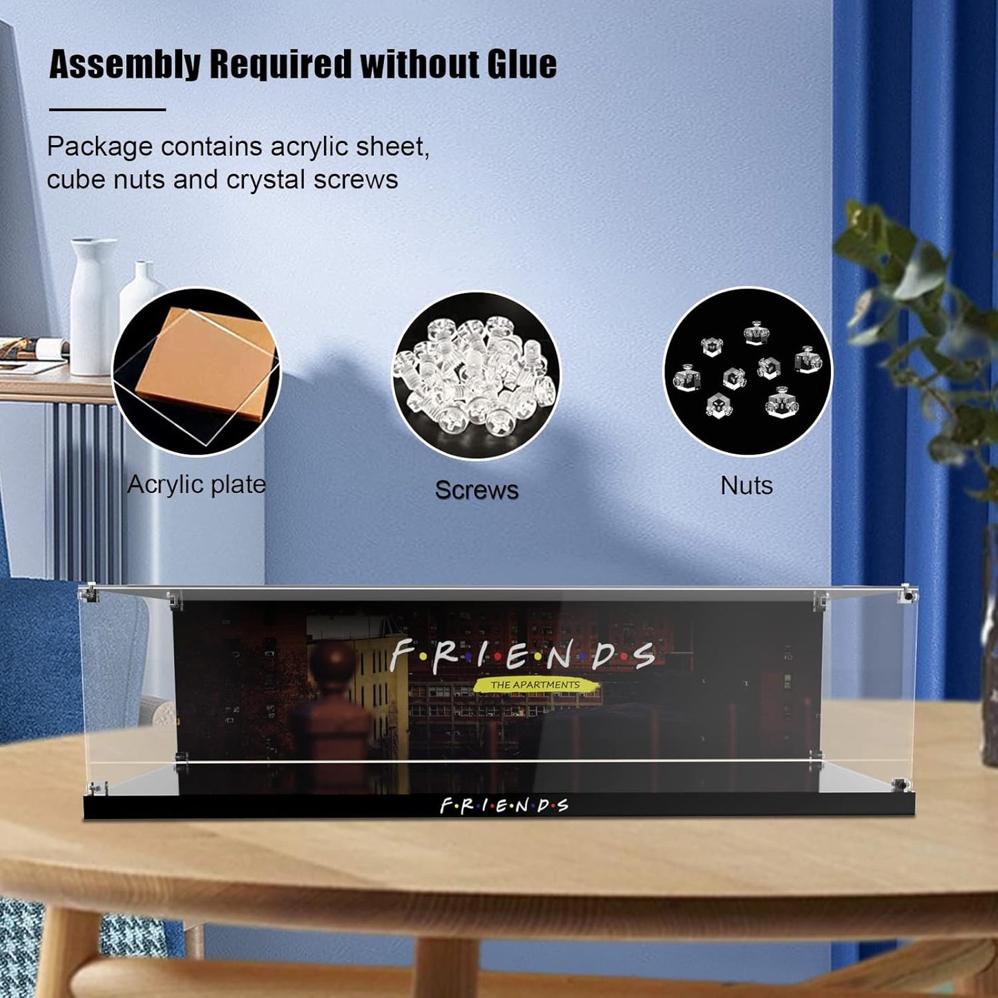 Acrylic Display Case for LEGO Ideas 21319 Central Perk, Customized Decorative Box for The Friends Block Model, Clear Acrylic Plate with Base & HD Painted Background