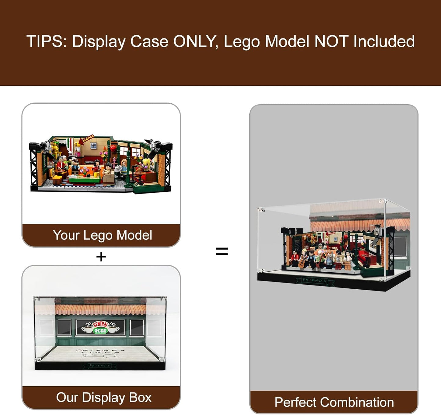 Acrylic Display Case for LEGO Ideas 21319 Central Perk, Customized Decorative Box for The Friends Block Model, Clear Acrylic Plate with Base & HD Painted Background