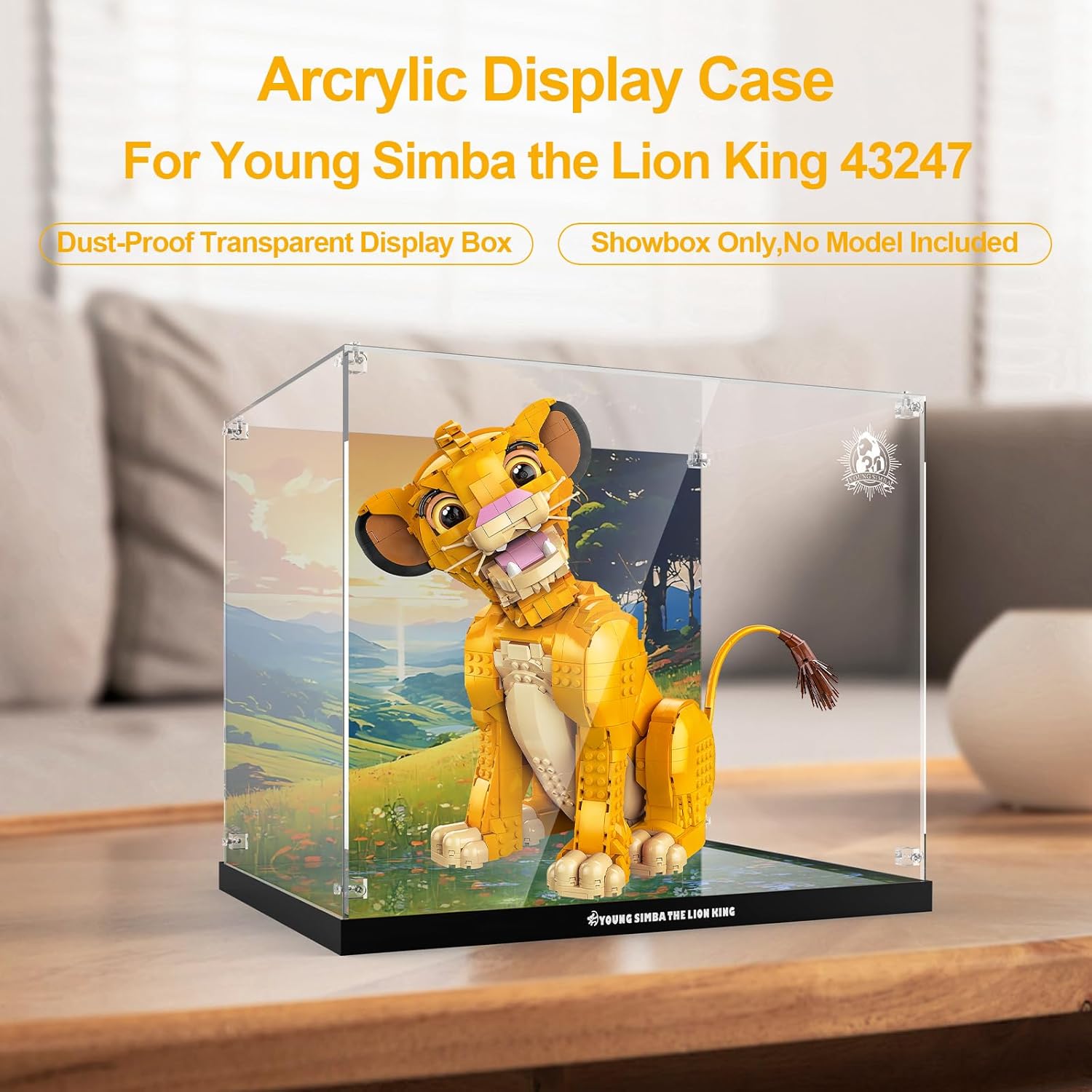 Nookbricks Acrylic Display Case for Lego Young Simba The Lion King, Dustproof Display Box compatible with Lego 43247Clear Acrylic Plate with Base & HD Painted Background