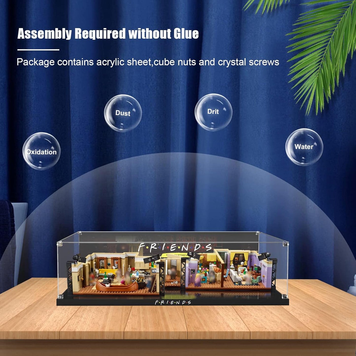 Acrylic Display Case for LEGO Ideas 21319 Central Perk, Customized Decorative Box for The Friends Block Model, Clear Acrylic Plate with Base & HD Painted Background