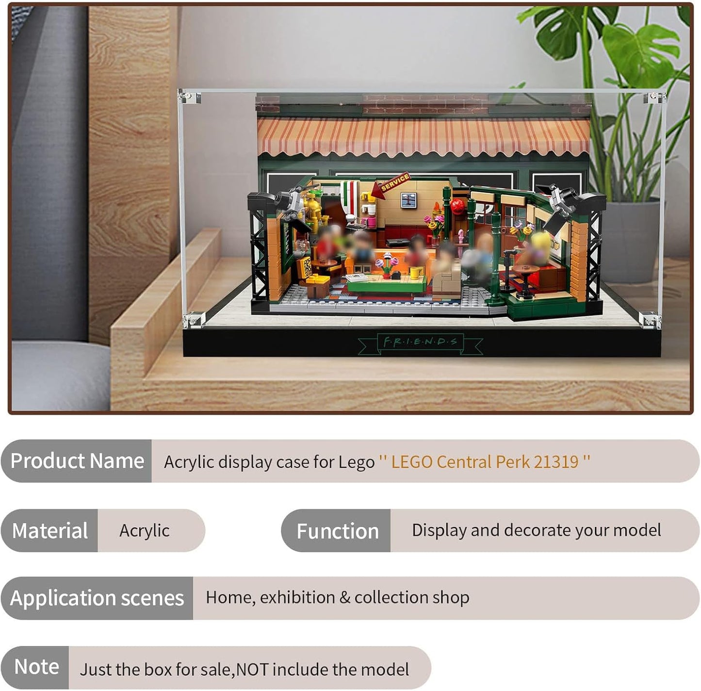 Acrylic Display Case for LEGO Ideas 21319 Central Perk, Customized Decorative Box for The Friends Block Model, Clear Acrylic Plate with Base & HD Painted Background