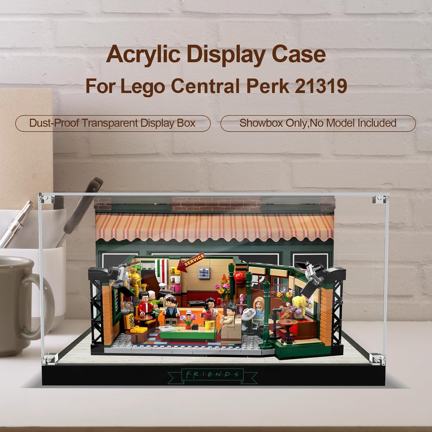 Acrylic Display Case for LEGO Ideas 21319 Central Perk, Customized Decorative Box for The Friends Block Model, Clear Acrylic Plate with Base & HD Painted Background