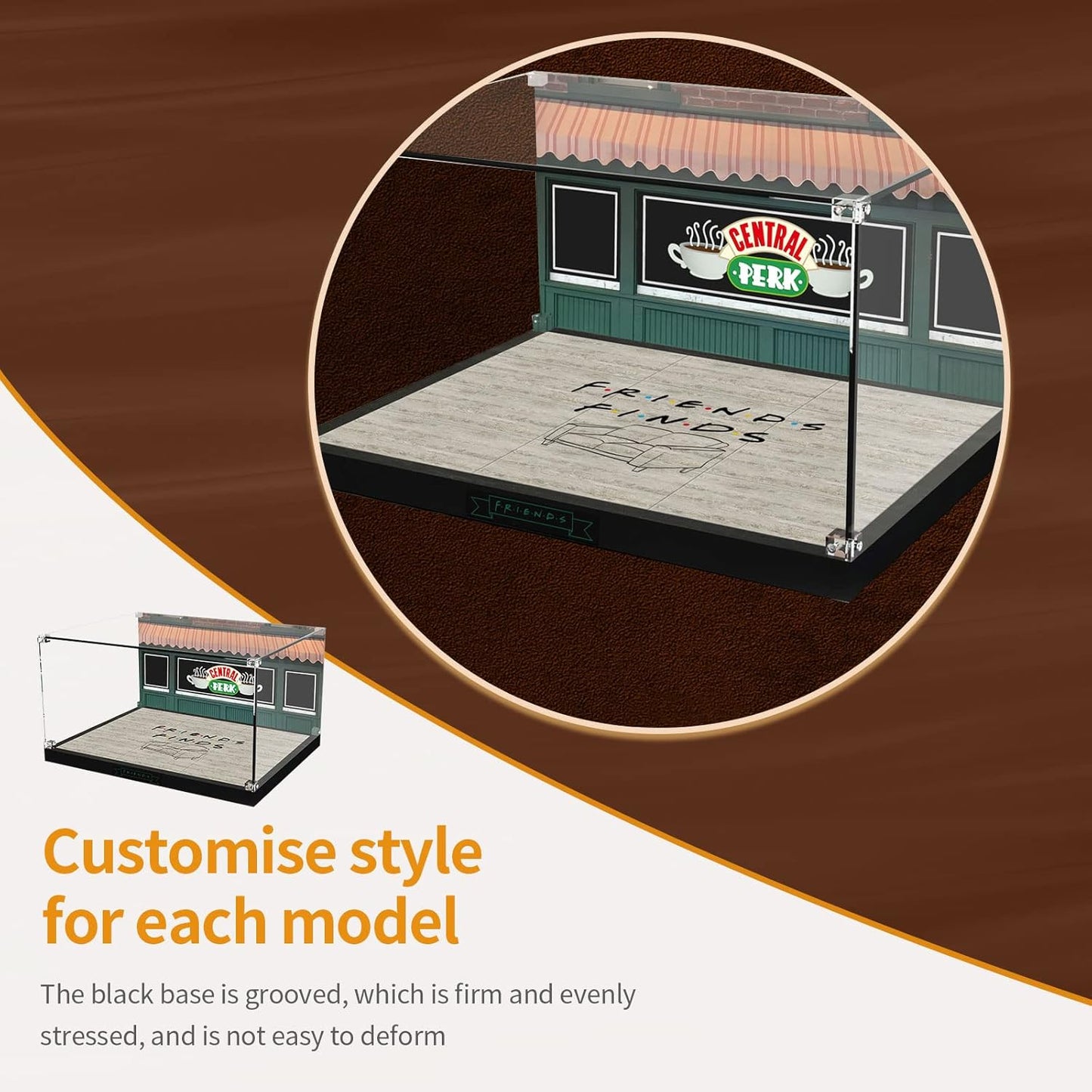Acrylic Display Case for LEGO Ideas 21319 Central Perk, Customized Decorative Box for The Friends Block Model, Clear Acrylic Plate with Base & HD Painted Background