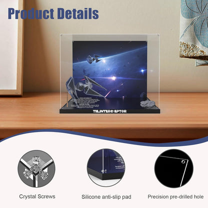 Acrylic Display Case for Lego Star Wars TIE Interceptor 75382 Building Set Clear Acrylic Plate with Base & Painted Background