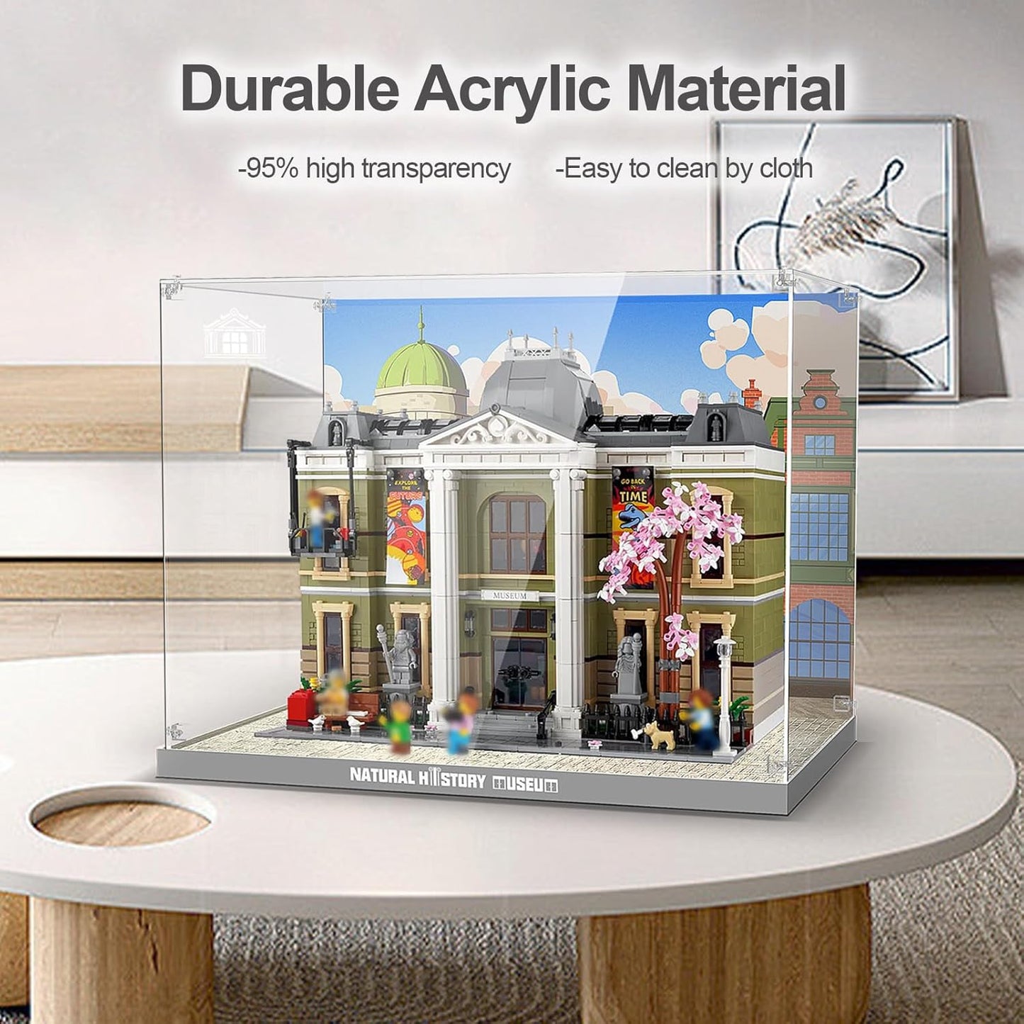 Nookbricks Acrylic Display Case for Lego Natural History Museum 10326 Building Set, Dustproof Display Box, Clear Acrylic Plate with Base & HD Painted Background